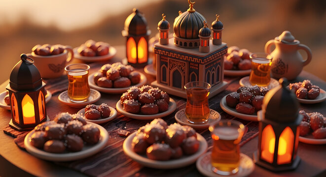 Ramadan Iftar Feast with Dates, Lanterns and Islamic Mosque Decoration