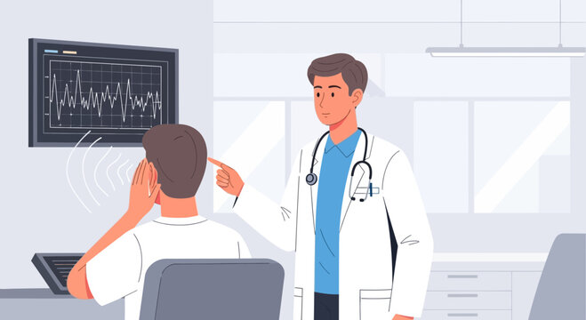 Doctor examines patient's ear with hearing loss symptoms, medical checkup illustration