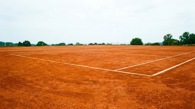 Empty clay tennis court with white lines
