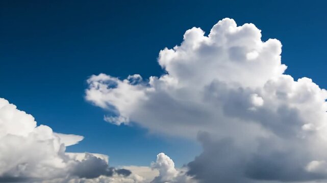Dramatic white cumulus clouds against deep blue sky.