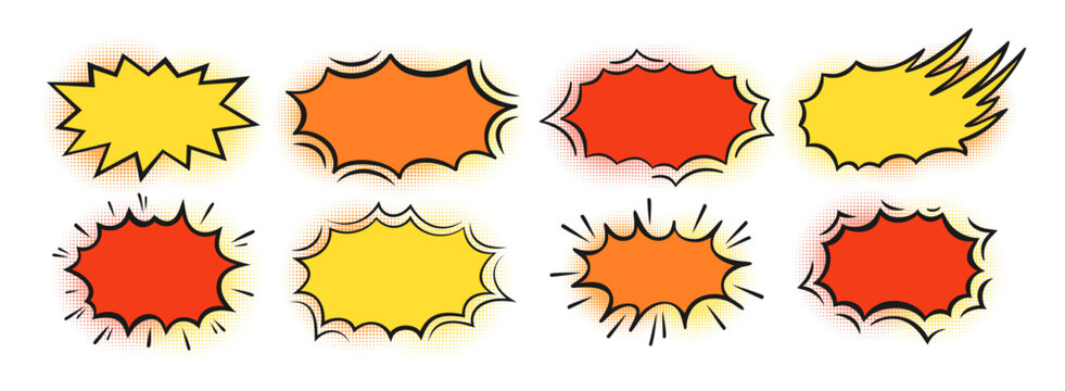 Comic explosion speech bubble set. Cartoon bomb blast, boom bang effects, dynamic burst rays, fire cloud and doodle pop art puff shapes. Vector illustration isolated