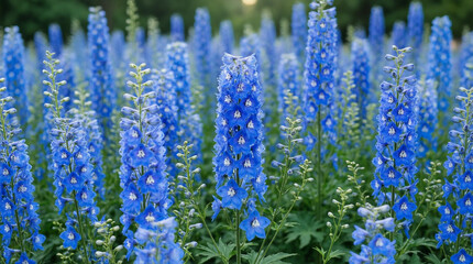 Obraz premium Tall blue delphinium flowers in garden