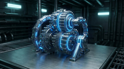 Fototapeta premium Futuristic Mechanical Gear System with Motion Blur and Glowing Blue Accents in a Sci-Fi Environment