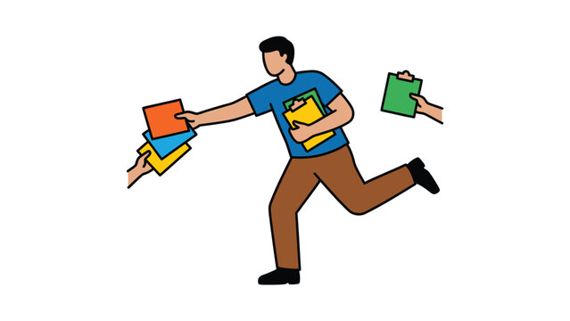 Man distributing flyers and brochures while running, promoting information and marketing.