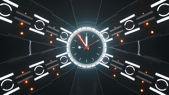  Futuristic digital clock interface with glowing technology elements and cyber dashboard background