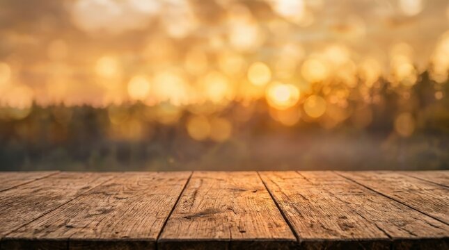 Warm sunset light on rustic wooden planks in a forest clearing