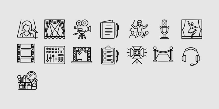 Icon set collection of performing arts elements, theater stage, female singer, movie camera, audio mixer, cosmetics, and backstage management gear.