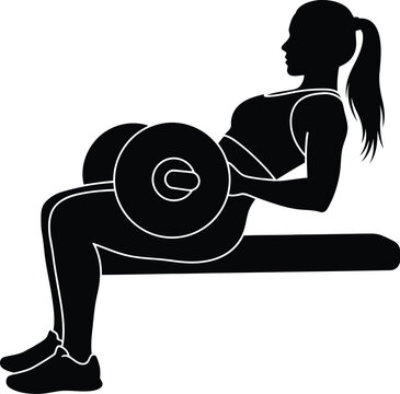 Silhouette woman performing hip thrust exercise with barbell on bench, fitness and strength training