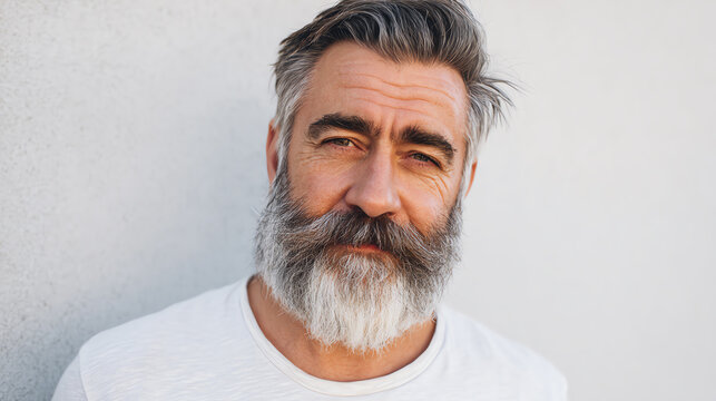 A confident older man with a well-groomed beard and stylish gray hair, embodying wisdom and experience against a simple background.