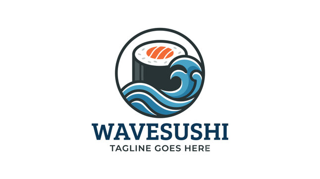 Circular sushi roll logo with crashing ocean waves.