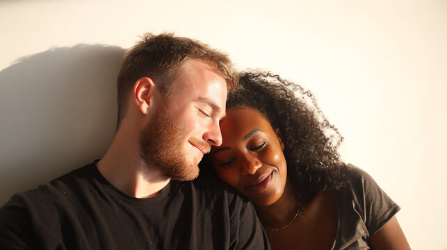 A couple sharing a moment of intimacy and connection, showcasing love and affection in a warm and serene atmosphere.