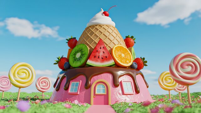 Colorful candy ice cream house in fantasy landscape with sweet dessert theme