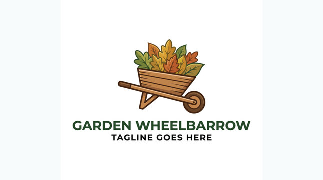Garden wheelbarrow filled with colorful autumn leaves logo design.