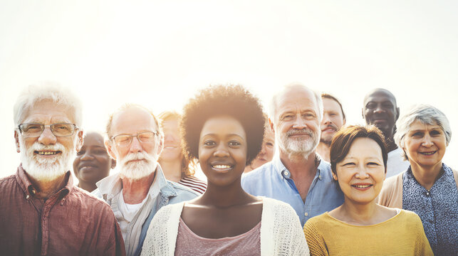 A diverse group of elderly individuals smiling warmly against a sunny backdrop, showcasing unity and positive energy in their golden years.