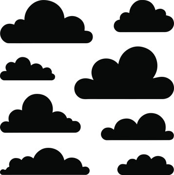 clouds black silhouette set with various puffy shapes and sizes on white background