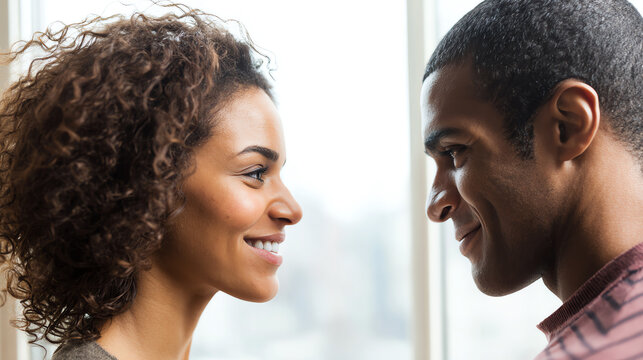 A joyful couple sharing a moment together, showcasing love and connection in a bright, modern setting.
