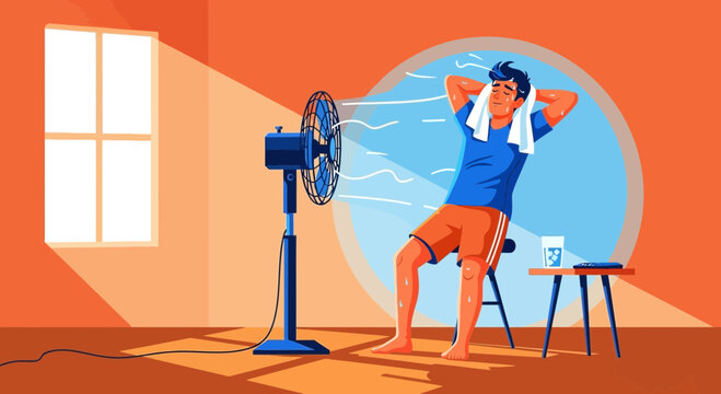 Man sweating and cooling down with a fan during a heatwave, feeling hot and uncomfortable