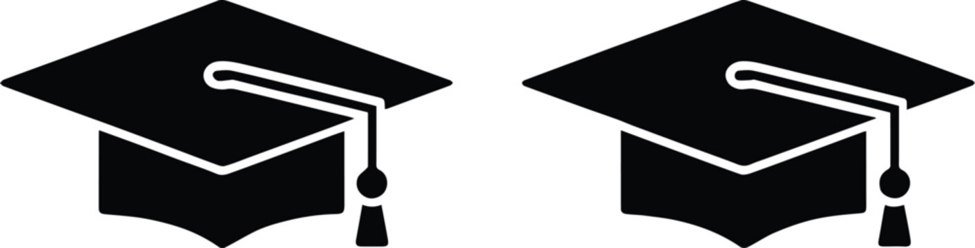 Graduation caps academic icon set with black silhouette and tassel featuring education,
