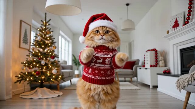 Anthropomorphic ginger cat wearing Santa hat and red patterned sweater dancing in home living room during Christmas celebration. Funny pet moving near decorated pine tree for holiday festive mood
