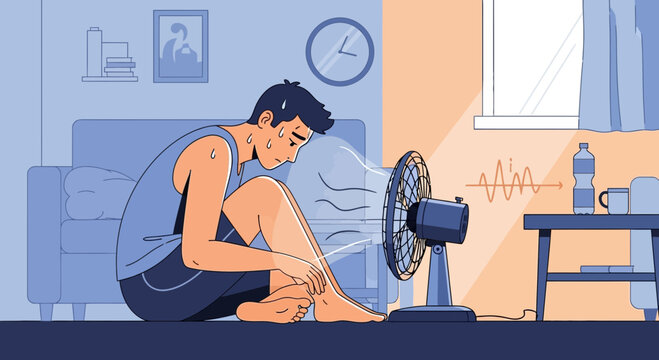 Man sweating in heat, sitting in front of a fan, feeling uncomfortable and hot
