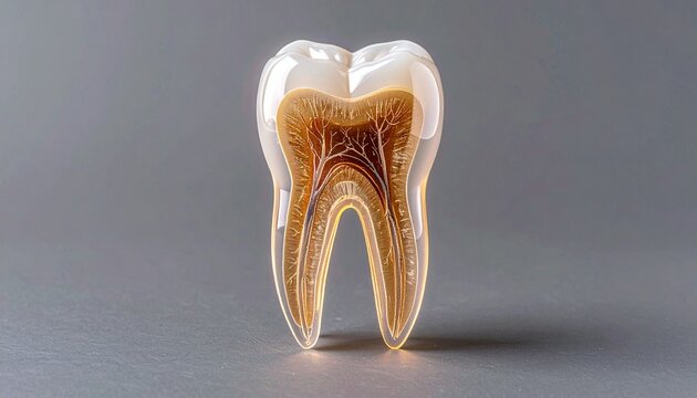 A detailed transparent tooth model displays its internal brown structure on a gray surface.