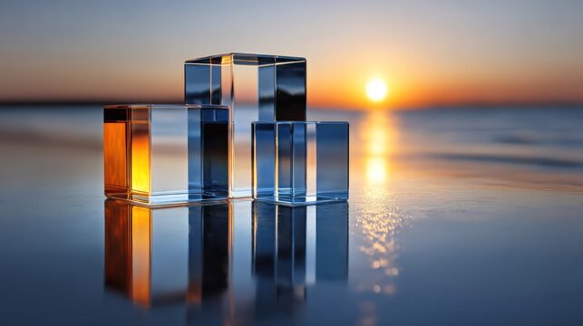 Three transparent rectangular prisms rest on a reflective surface against a bright ocean sunset