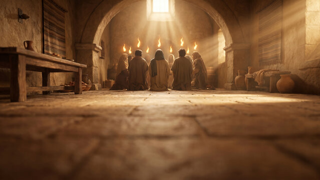Holy Spirit Miracle Gathering in Ancient Christian Prayer Hall with Divine Light