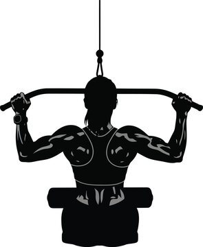 Black silhouette of athlete doing strength training on pull-up machine isolated on white background