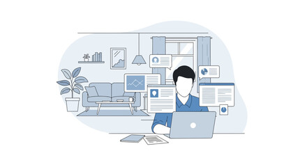 Fototapeta premium Man working remotely from home with laptop and data visualizations