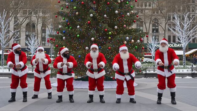 Group of santas dancing hip hop in front of a giant Christmas tree. Joyful men wearing festive costumes performing a fun routine during winter holiday celebration in a city square outdoors