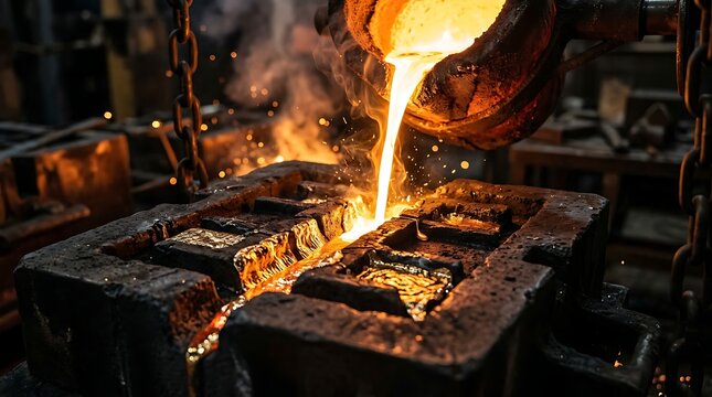 Molten metal pouring into a casting mold in a foundry plant