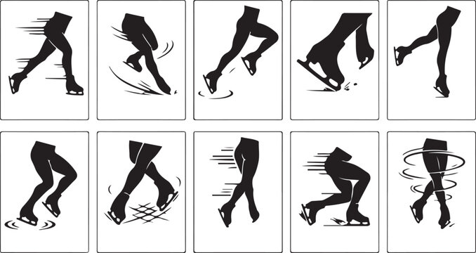 Figure skating technique diagrams and ice skating movements set, including glide, jump, spin, and edge work illustrations.