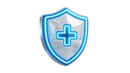 Fototapeta premium Futuristic 3D Medical Shield Protection Icon with Blue Cross – Modern Healthcare Security Symbol Isolated on Transparent Background for Insurance and Safety Concept