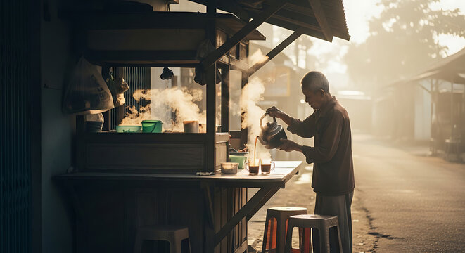 Man pours steaming coffee at an outdoor food stall on a street.