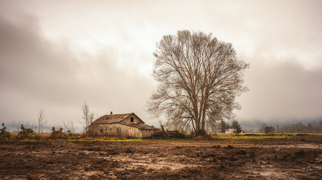 A serene rural landscape featuring a weathered barn and a large tree under a cloudy sky, evoking a sense of peace and nostalgia.