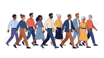 Fototapeta premium A diverse group of people marching together in a parade, depicted in a flat vector illustration with bright colors, symbolizing unity and cross-border connections against a clean white