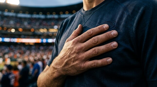 Man placing hand over heart during anthem at a stadium