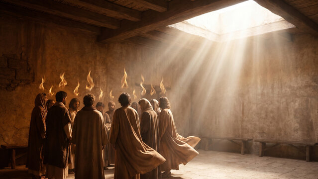 Biblical Pentecost Gathering of Disciples Under Holy Spirit Miracle Light