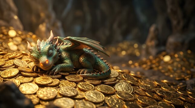 Little green dragon sleeping on a pile of gold coins in a dark cave