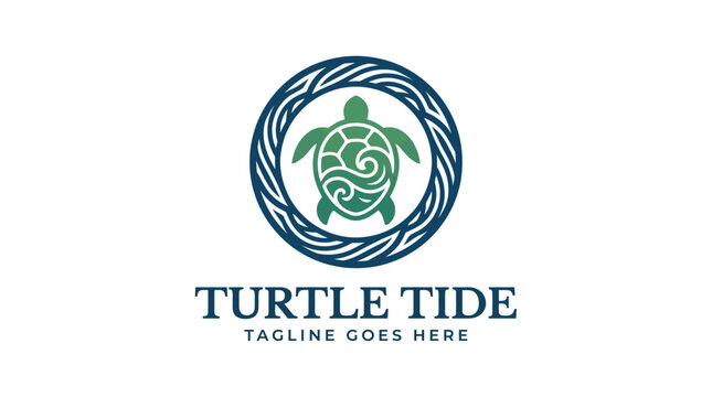 Turtle Tide logo with a sea turtle swimming in a circular ocean wave pattern design.