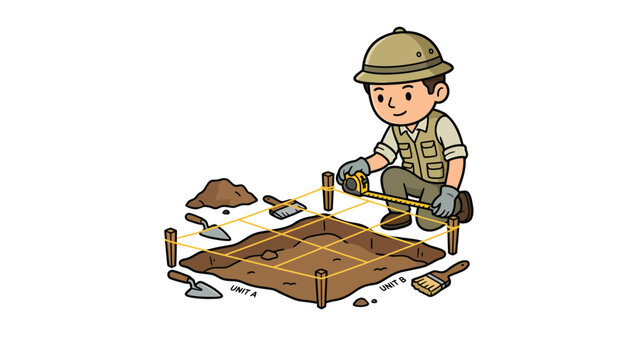 Cartoon archaeologist in safari hat carefully excavating a grid square with tools.