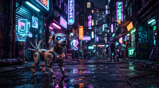 Robotic dog standing in a neon-lit futuristic city street at night