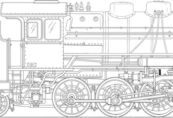 Black and white line art illustration of a vintage steam train wheel © Vhya