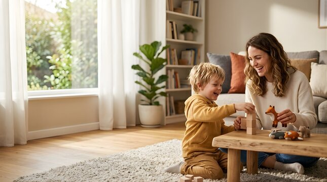 Smiling mother and young son playing with wooden animal toys at home