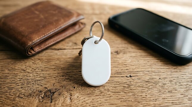 White smart tracker tag on keychain with wallet and smartphone