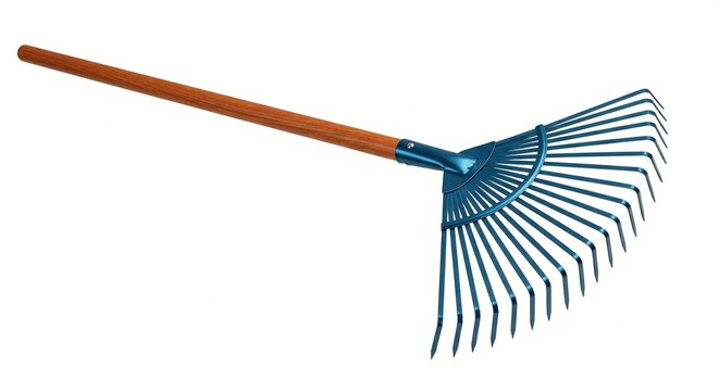 A garden rake with a wooden handle and metal tines is displayed on a white background