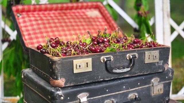Vintage suitcase filled with ripe red cherries stands in garden on stack of old luggage outdoors.