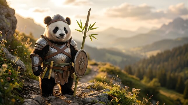A cute panda warrior wearing medieval metal armor standing on a mountain