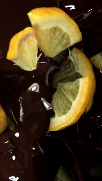 Lemon slices fall into the chocolate. Filmed on a high-speed camera at 1000 fps. High quality FullHD footage