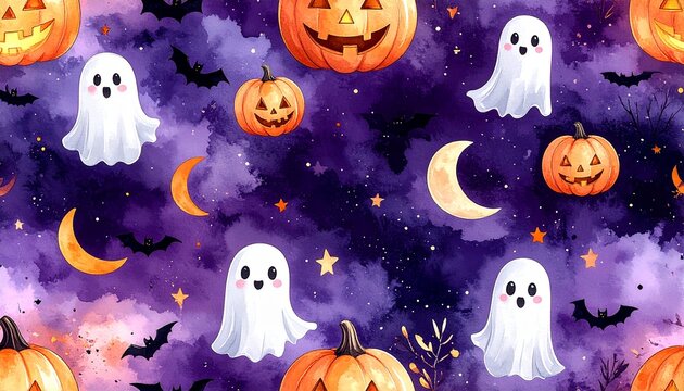 Elegant Halloween Watercolor Pattern with Pumpkins Bats and Ghosts